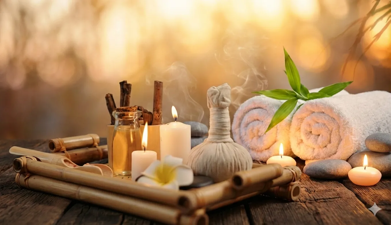 Soft candles and flowers in a calm spa setting